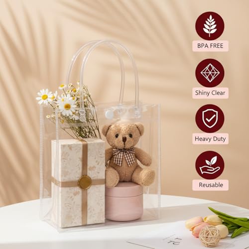 ZENFUN 80 Pack Clear PVC Gift Bags with Handles, Small Reusable Plastic Party Favor Bags, Transparent Goodie Bags Bulk for Wedding, Baby Shower, Birthday, Shopping Retail (6.3 x 5.9 x 2.7 Inch) - Thumbnail 4
