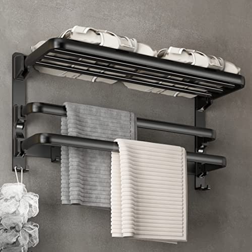 Sofinny Towel Racks For Bathroom, 24-Inch Towel Shelf With Towel Bar Foldable Towel Holder With 7 Hooks Towel Storage Organizer For Bathroom & Lavatory Wall Mounted(Matte Black) #TOP4