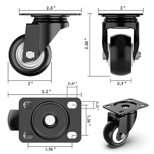 Image of 2 Inch Heavy-Duty PU Rubber Furniture Castor Wheels, 360 Swivel Caster Wheels with 2 Brakes & 2 Without Brakes for Furniture, Trolleys & Beds 400 kg Load Capacity (Black, Pack of 4)
