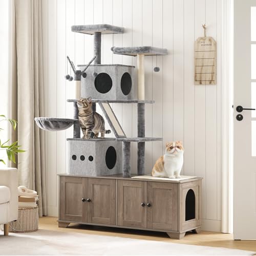 HOOBRO Double Litter Box Enclosure with Cat Tree, 45.3