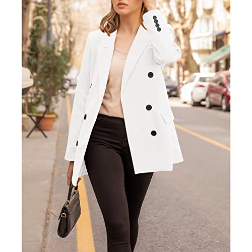 Women's Blazer Jackets Lapel Neck Double Breasted Blazer Long Sleeve Solid Color Loose Work Blazer White #TOP5