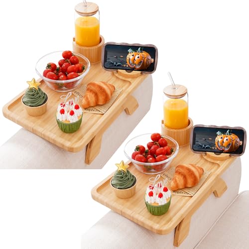 Image of Nnewvante 2 Pack Couch Table on Arm,3 in 1 Large 15.36 inchx9.85 inch Bamboo Couch Cup Holder Sofa Armrest Clip on Tray with 360Rotated Phone /Drink Holder