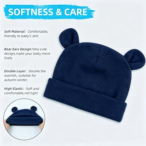 4 Pack Cotton Newborn Baby Hat with Cute Bear Ears, High Elasticity No Scratch Infant Caps for Baby Girls Toddler Hats Solid Color Infant Beanie Caps for 0-6 Months Autumn Winter Spring - Image 3
