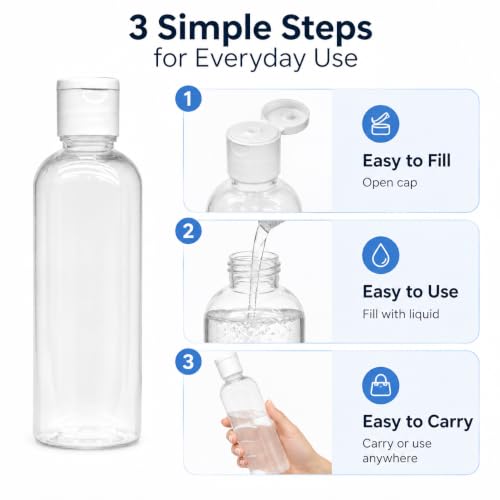 Image of MAPPERZ Empty Clear Refillable Bottles Travel Size, Cosmetic Containers Small Leak Proof Squeeze Bottles with White Flip Top Cap for Toiletries, Shampoo, Round, 100ml, Pack of 6