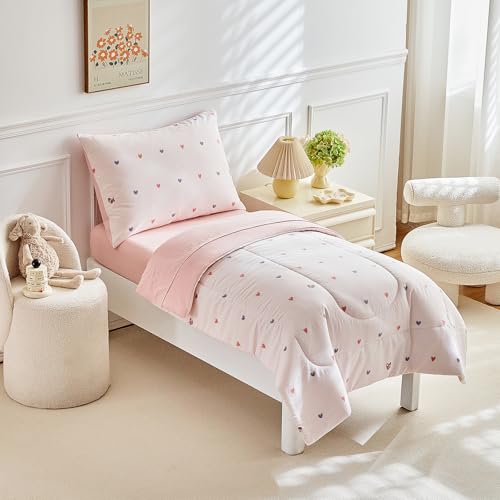Image of JHXHMX 4 Pieces Toddler Bedding Set,Pink Heart Toddler Comforter Sets for Girls,Soft Crib Bed Sheets Set Includes Quilted Comforter,Fitted Sheet,Flat Top Sheet and Envelope Pillowcase