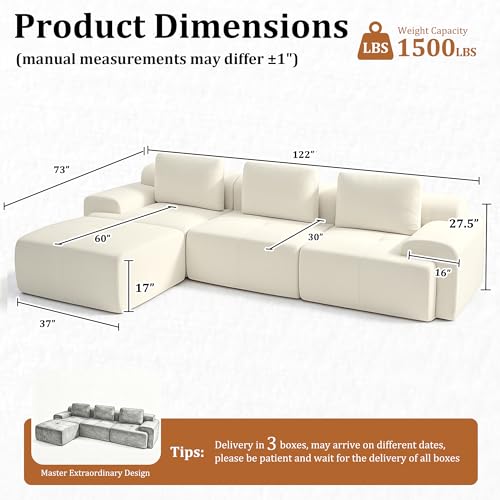 Image of 122 inch L Shaped Oversized Boneless Couch, Comfort Cloud Sectional Couches for Living Room, Modular Sofa High Back & Extra Deep Seat, No Assembly, Chenille (Warm White, 122 inch-L Shaped(3+1))
