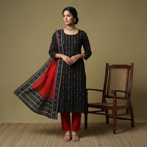 Image of Women Cotton Embroidered Unstitched Suit Set with Traditional Ikat Design