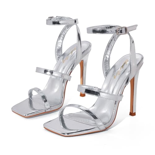Image of Elisabet Tang Women's Crystal Stilettos Heeled Sandals, 4 Inch Square Open Toe Strappy Sexy High Heels Ankle Strap Buckle Heels for Party Wedding Dress Daily Wear Shoes
