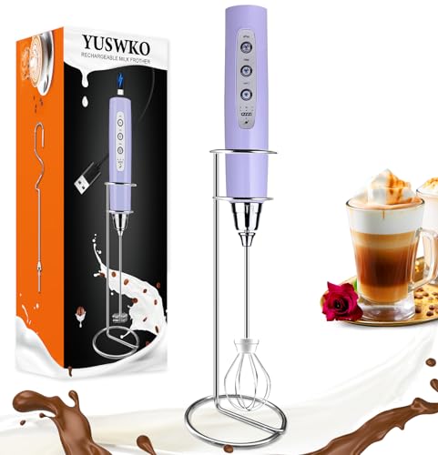 Image of YUSWKO Light Purple Rechargeable Milk Frother for Coffee with Stand, Handheld Drink Mixer with 3 Heads 3 Speeds Electric Stirrers for Latte, Cappuccino, Hot Chocolate, Egg