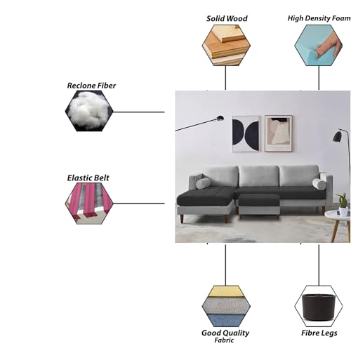 Image of Lezra LHS 4 Seater L Shape Sofa Set with Center Table for Living Room (Black Grey Fabric) Premium Fabric Sofa