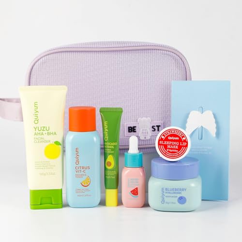 QUIYUM Set de cuidado facial, hidratante facial para mujeres, set de 6 piezas para el cuidado de la piel del rostro, con limpiador, tónico, suero, crema para ojos, humectante, mascarilla para labios