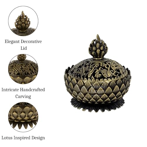 Image of Decorative Lotus Design Dhoop & Agarbatti Stand for Home Temple, Pooja Room, Meditation Decor, Brass Antique Finish Incense Burner