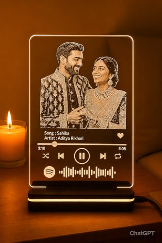 Image of Customized Photo and song Engraved LED Plaque | Personalized Printed Frame with scannable code (Transparent, Acrylic, 6 * 8 Inches) Tabletop