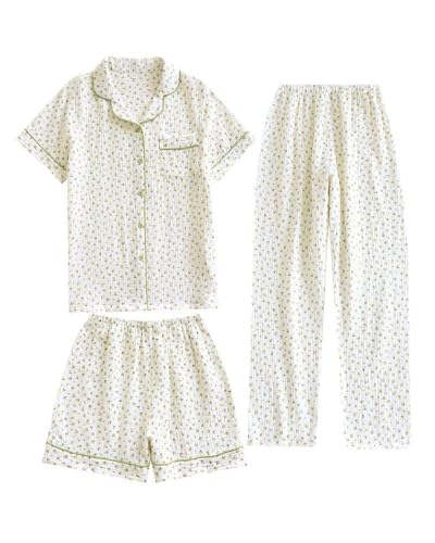 Image of codcm Womens 3pcs Cotton Pajamas Set Short Sleeve Sleepwear Fruit Print Cute Pj Set with Long Pants
