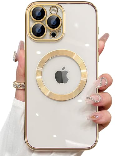 Image of VONZEE Clear Logo Electroplating Transparent Case for iPhone 14 Pro Max Case 6.7 inch 2022, Luxury Electroplated TPU Cover, Individual Camera Protection for Each Lens Bumper Case (Gold)