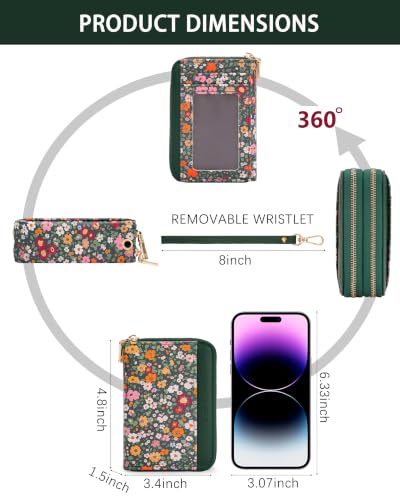 Image of Green Floral Credit Card Holder for Women,Accordion Wallet | RFID Blocking Card Wallet, Vegan Leather with Wristlet, dual independent zipper compartments,17 Card Slots