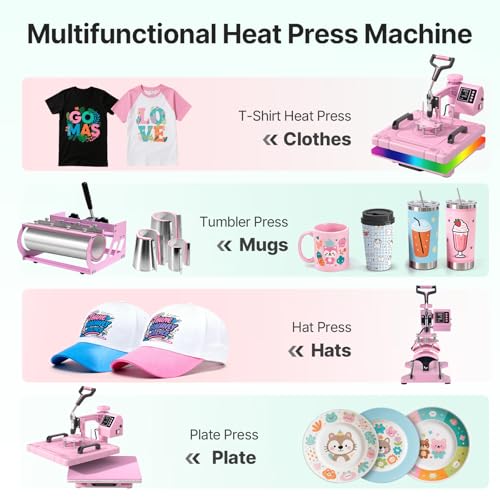Slendor 8 in 1 Heat Press Machine 15x15 inch 360-Degree Swing Away Digital T Shirt Pressing Machine Multifunction Heat Transfer Sublimation Combo for T Shirts Mugs Hat Plate Cap,Pink by Slendor - Image 6