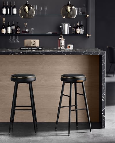 Image of VASAGLE EKHO Collection - Bar Stools Set of 2, Kitchen Counter Stools, Breakfast Stools, Synthetic Leather with Stitching, Mid-Century Modern, 30-Inch Tall, Home Bar, Ink Black ULBC090B01V1 | Breakfast Stools, PU Leather with Stitching, Transitional, Home Bar, Ink Black, EKHO Collection ULBC090B01