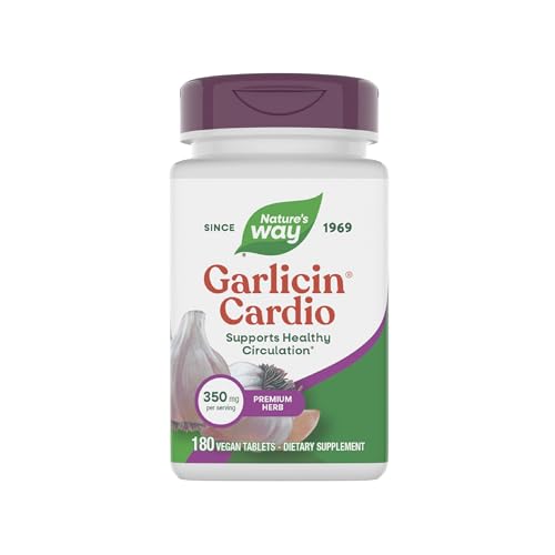 Nature's Way Garlicin Cardio, Premium Herbal, Supports Healthy Circulation*, No Garlic Taste, Vegan Garlic Supplements, 180 Tablets (Packaging May Vary)