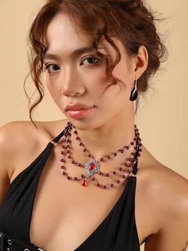 Sacina Layered Red Beaded Teardrop Choker, Gothic Vintage Necklace, Goth Jewelry, Christmas Jewelry Gift for Women2