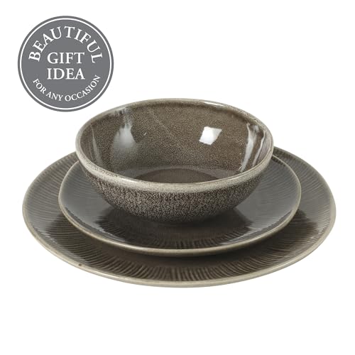 Image of Gibson Elite Sandy Pines Stoneware Plates and Bowls Set - 12 Piece Reactive Glaze Dinnerware Set - Service for 4 - Dishwasher and Microwave Safe - Brown