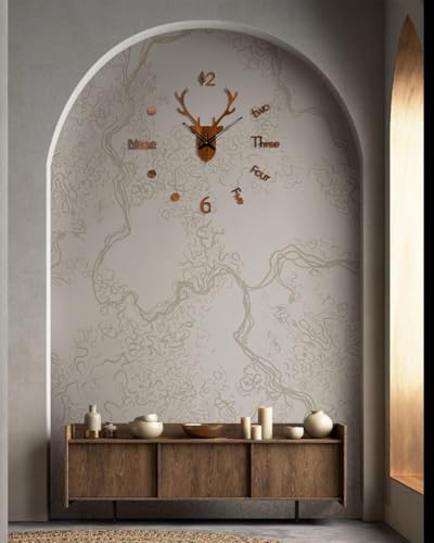 Image of cozyloom Deer Face Wooden Wall Clock | Decorative Wall Decor for Living Room, Bedroom, Office & Home | Brown Design Wall Clock.