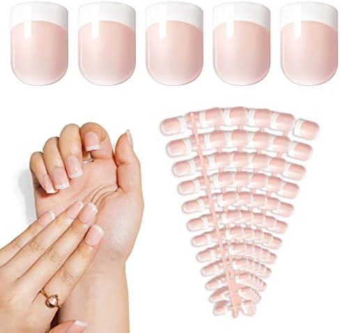LIARTY 120 Pcs Natrual French False Nails with Glue Stickers, Full Cover Short Fake Nail Tips Acrylic Press On Nails for Girls Women (French nail)