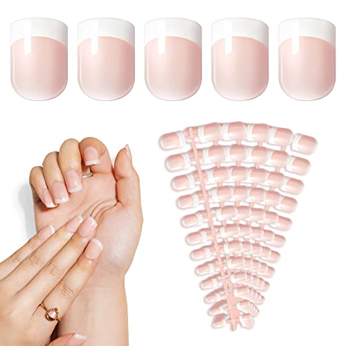 LIARTY 120 Pcs Natrual French False Nails with Glue Stickers, Full Cover Short Fake Nail Tips Acrylic Press On Nails for Girls Women (French nail)