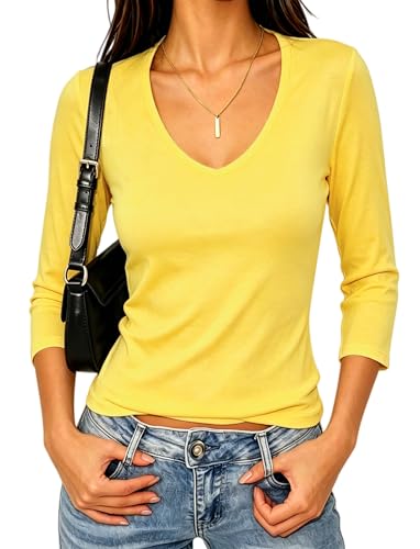 Image of Meetrendi Women's 3 /4 Sleeve Scoop Neck T-Shirt Cotton Blend Slim Fit Basic Tee Casual Spring Top 2026