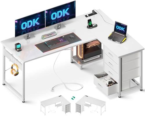 ODK Corner Desk with Drawers Reversible L Shaped Computer Desk with Power Outlet Office Desks with USB Charging Port and Host Stand for Home Office White 135×100cm