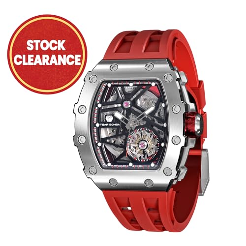 Image of TSAR BOMBA Men's Automatic Watch Tonneau Luxury Skeleton Watches for Men Mechanical 50M Waterproof Analogue Watches Mens Unique Cool Square Big Face Dial Wristwatch with Silicone Strap Band