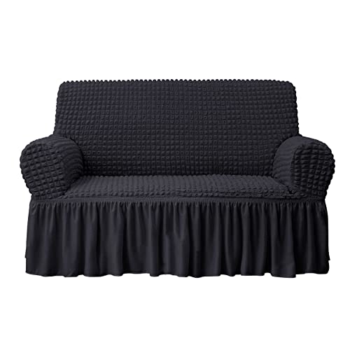 Niceec Loveseat Slipcover Black Loveseat Cover 1 Piece Easy Fitted Sofa Couch Covers Universal High Stretch Durable Furniture Protector Love Seat With Skirt Country Style (2 Seater Black) #TOP6