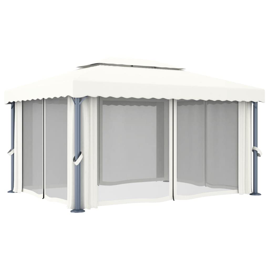 Pawilon z zasłoną, 4 x 3 m, kremowo-biały, aluminiowy namiot ogrodowy z odpornym na promieniowanie UV dachem poliestrowym i moskitierą, na taras, do ogrodu, na kemping, do użytku na zewnątrz