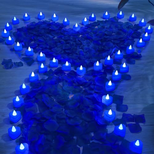Image of Coume 6000 Pieces Artificial Rose Petal 72 Pieces LED Tealights Candle, Romantic Decorations Special Night Rose Petal Heart Candle for Valentines Wedding Anniversary Proposal Decor(Blue Light)