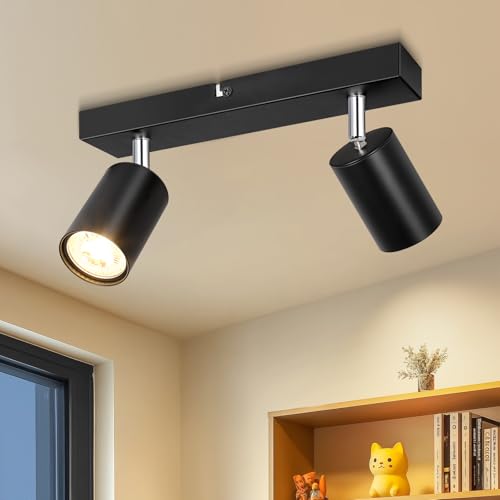Dehobo Lampara Focos Techo con 2 Focos Giratorios, Lámpara de Pared Interior LED Negro Ajustables GU10, Foco de Pared Aluminio para Iluminación para Dormitorio Pasillo Cocina, Sin Bombilla