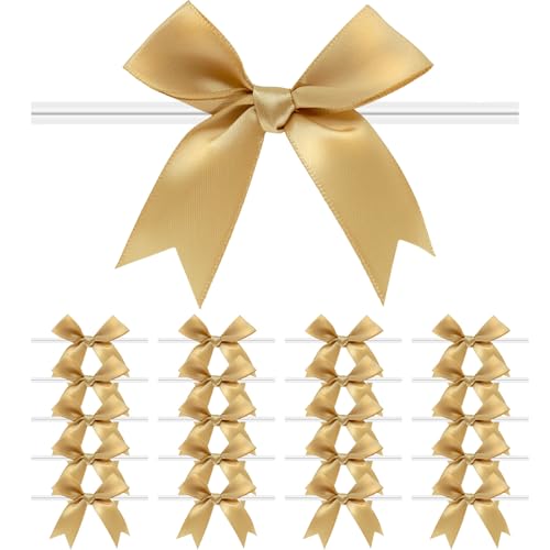 50 Pcs Gold Bows 3.3 Twist Tie Bows with Satin Ribbon for Gift Wrapping Baby Shower Party Decor Birthday Wedding Treat Bags Anniversary Christmas DIY Crafts