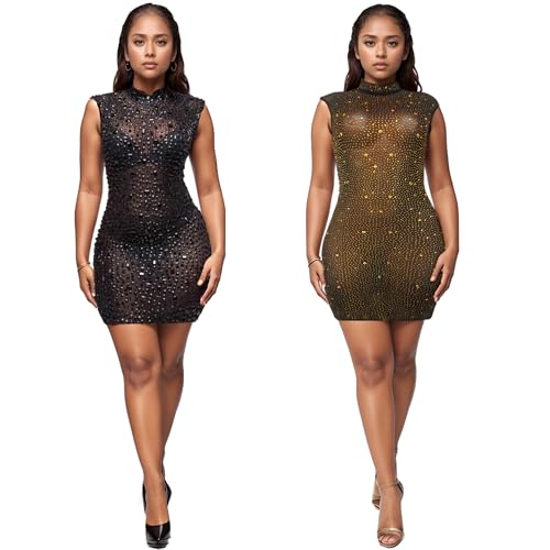 Image of PORRCEY Women's Sexy Elegant Rhinestone Mesh Party Club Night Mini Dress
