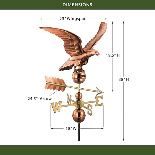 Good Directions Smithsonian Eagle Copper Weathervane, Includes Adjustable Roof Mount for Easy Installation - Hand-Polished Copper