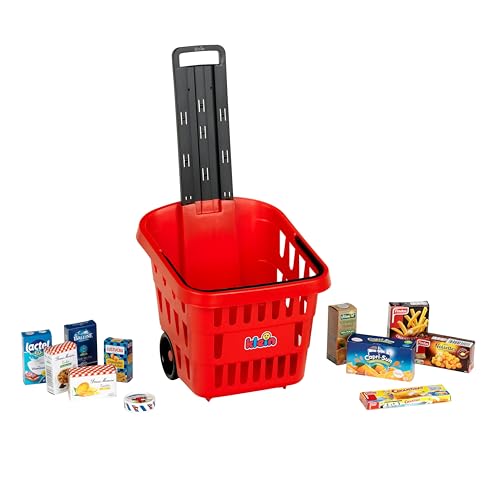Theo Klein 7256 Panier de Courses à roulettes Garni, en Plastique de Haute qualité, avec poignée de Transport Pratique, Jouet pour Enfants à partir de 2 Ans