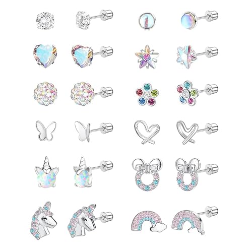 LOFITOR 12 Paar Hypoallergene Ohrringe für Damen Mädchen 316L Chirurgenstahl Medizinische Ohrstecker Set Regenbogen Bären Blume Herz Stern Kinder Edelstahl Ohrringe Mädchen Set