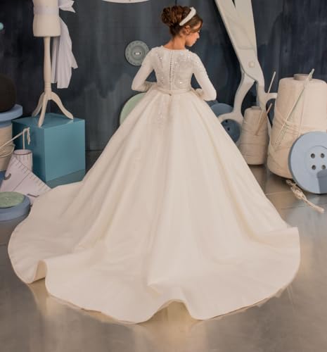 Long Satin White Flower Girl Dress Elegant Holy Communion Dress Beaded Long Sleeves Princess Ball Gowns for Teen Girls2