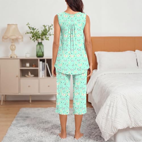 Image of Bestbee Women's Sleeveless Pajama Sets 2 Piece Sleepwear Summer Lounge Outfits Henley Tanks Capri Pants Ladies Pjs
