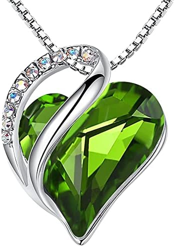 Leafael Womens Brass Necklaces, Infinity Love Heart Pendant Birthstone Crystal Jewelry Gifts for Wife, Silver Plated 18 + 2 inch Chain, 08a-August-Peridot Green