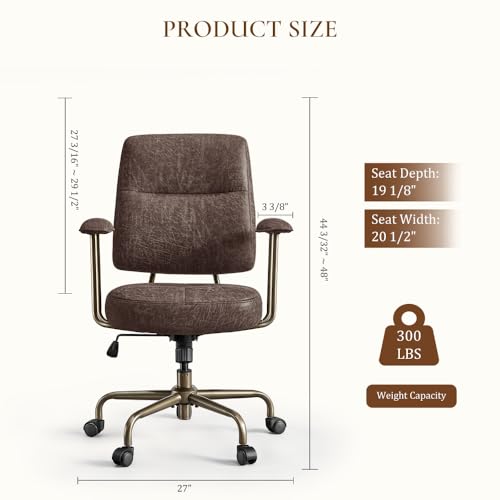Image of EUREKA ERGONOMIC Becky Mid Century Modern Office Desk Chairs Leather, Comfy Office Chair with Lumbar Support and Arms, Mid-Back, Comfortable Thick Cushion, Height Adjustable, 360Swivel, Brown