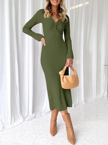 Image of RAISECOM Women Sweater Dress Long Sleeve V Neck Knit Bodycon Midi Dress