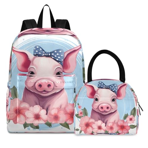Lunchbox Backpack Waterproof Soft Cooler, Book Bags with Lunch Box, Cute Pig with Bow