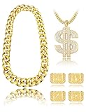 FIBO STEEL 80s 90s Accessories Outfit for Men Women Hip Hop Costumes Outfit Fake Gold Chains Dollar Sign Necklaces and Kanji Blessing Lucky Rings Set 80s 90s Party Jewelry