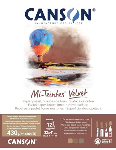 Mi-Teintes Velvet; pastel kağıt, kadifemsi yüzey, 430 g/m², kısa tarafta blok, 32 x 41 cm, 3 kahverengi tonu, 12 yaprak