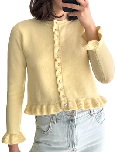 Yimoon Women's Cropped Cardigan Sweater Ruffle Frilly Long Sleeve Button Down Cute Knit Outwear 2025 Trendy