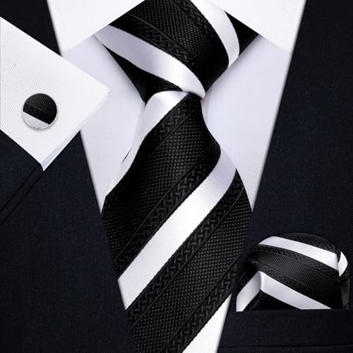 Image of YourTies Striped Ties for Men Classic Woven Silk Necktie with Handkerchief Cufflinks Set Formal Business Party Wedding